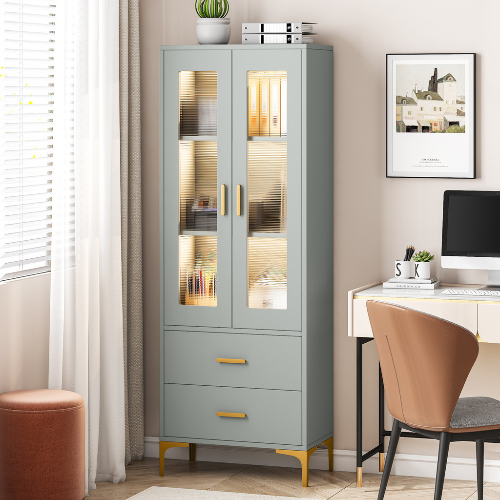 Gray storage cabinet with glass doors placed by desk